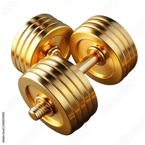 Luxurious golden dumbbell representing wealth and fitness goals isolated on transparent background