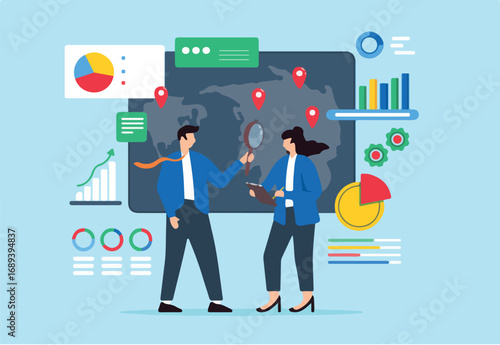 Planning and executing market entry, evaluating opportunities and expansion concept vector illustration. Business analyst analyzing strategy