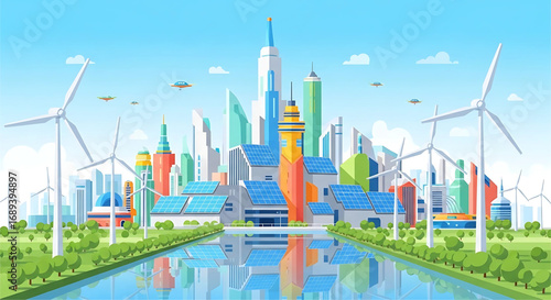 Eco Friendly Futuristic City with Wind Turbines and Solar Panels