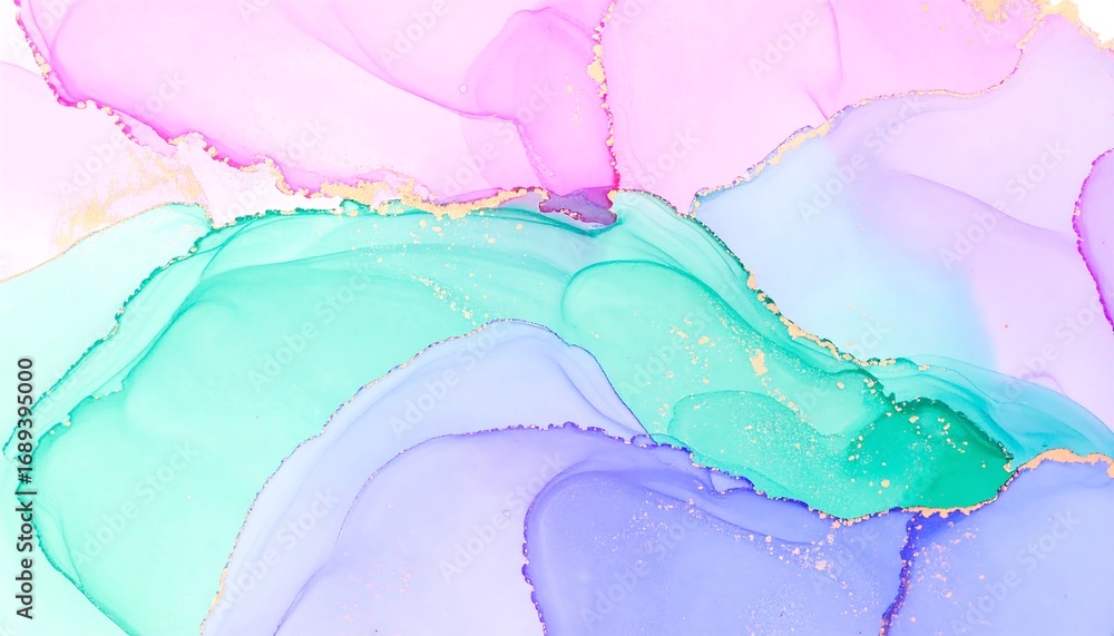 Fototapeta premium Abstract painting with flowing pastel colors and gold flecks