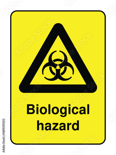 Biological Hazard Warning Sign with Label – Triangular Safety Symbol for Infectious Materials, Medical Zones & Laboratory Use  High-Visibility Vector for Global Deployment