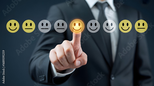 Customer Satisfaction Index: A professional figure, smartly attired in a tailored suit, precisely selects the glowing smiley face with their index finger.