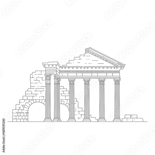 Grey Scale Illustration of Ancient Temple Ruins