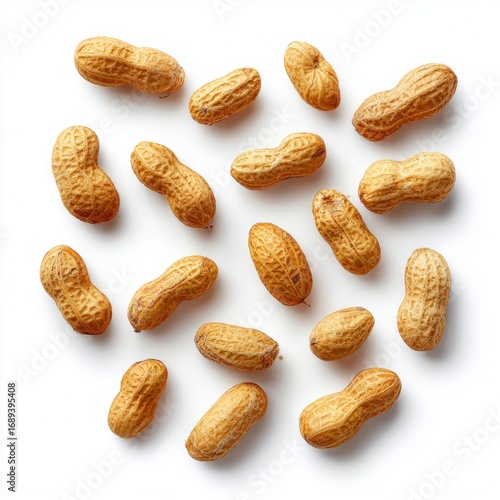 A collection of fresh peanuts arranged on a surface. Each peanut showcases its distinctive texture