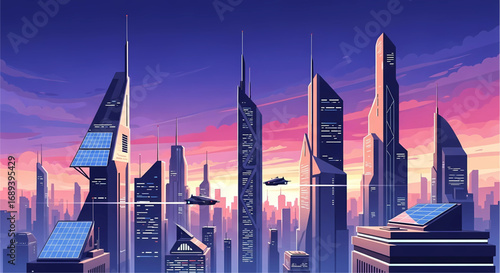 Futuristic Cityscape at Sunset Stunning Vector Illustration