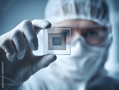 Scientist in Lab with Microchip: Advancing Semiconductor Research, Microfabrication, and Precision Engineering in High-Tech Equipment and Manufacturing Process, Silicon Wafer Inspection