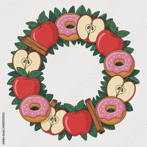 Decorative Wreath of Apples, Donuts, and Cinnamon Sticks
