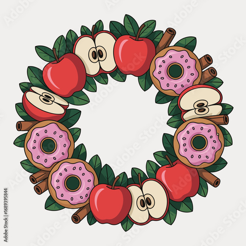 Decorative Wreath of Apples, Donuts, and Cinnamon Sticks