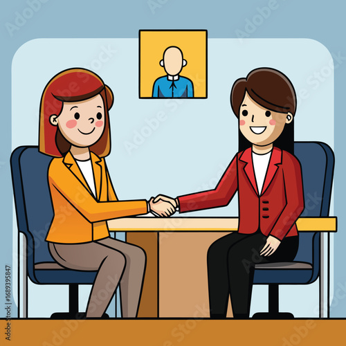 Two women celebrate a successful job interview with a handshake and "YOU ARE HIRED" speech bubble, set in a cheerful flat-design office with warm colors and professional style