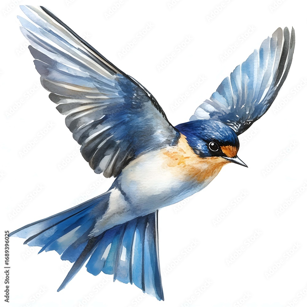Obraz premium The illustration shows a small blue bird with outstretched wings soaring through the air, rendered in a watercolor style against a white background.