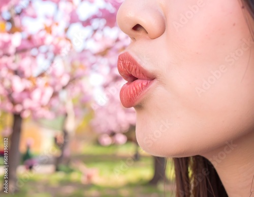 Woman blowing kiss, cherry blossoms