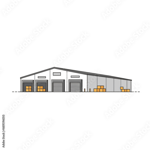 Large White Warehouse Exterior with Multiple Loading Docks and Stacks of Boxes