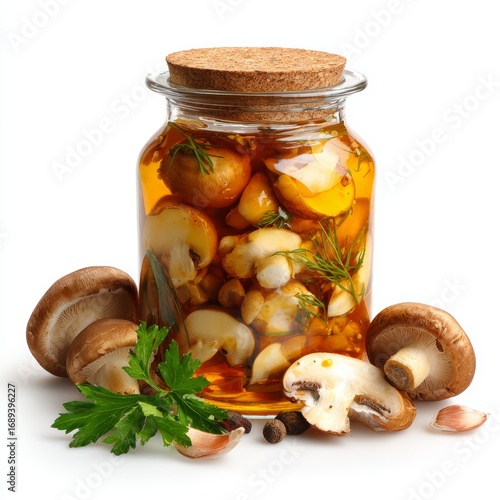 Close-up shot of a jar of preserved mushrooms and various elements 