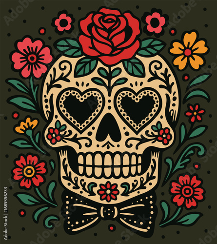Sugar skull. Decorative skull surrounded with flowers. Mexican Day of the Dead. Vector ornate illustration