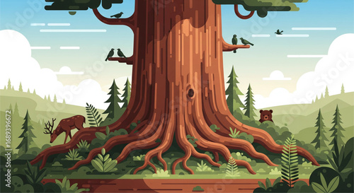 Majestic Redwood Tree in Forest Landscape Flat Vector Illustration