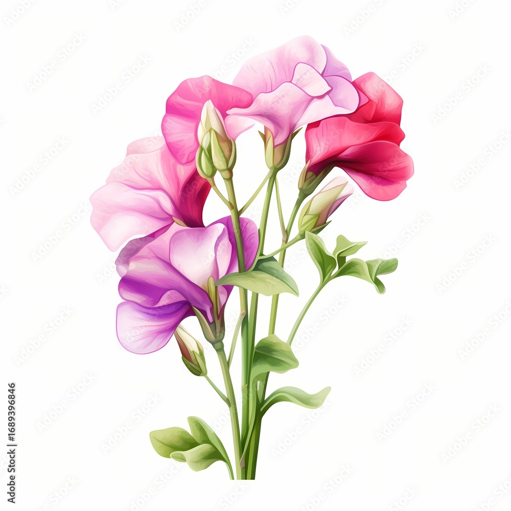 Fototapeta premium The illustration shows a cluster of pink and purple flowers with closed buds and green leaves, set against a white background.