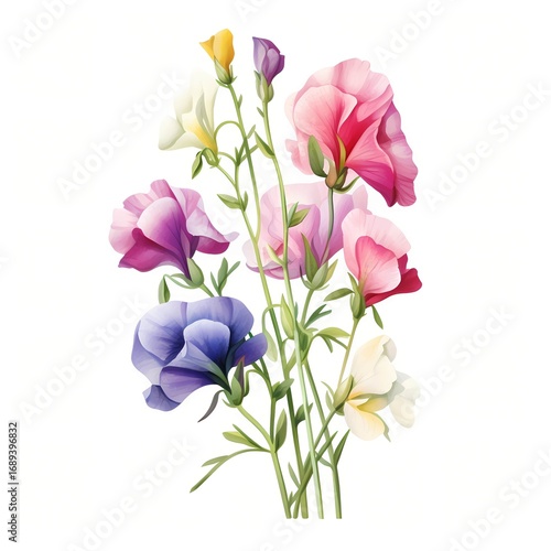 Wallpaper Mural The illustration shows a bouquet of various flowers in pink, purple, yellow, and white hues, with green stems and leaves, set against a clean white background. Torontodigital.ca