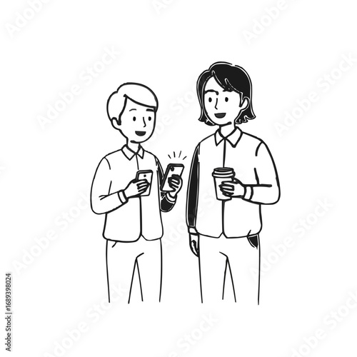 Hand-drawn line art illustration of two people talking and looking at a smartphone during a coffee break