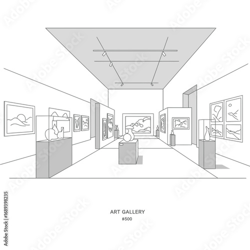 Linear Perspective Drawing Of Modern Art Gallery Interior