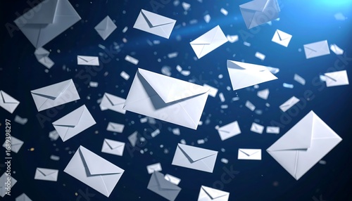 Envelopes float against a dark blue gradient, accented with bokeh. Envelopes, pristine white, point and spin, seemingly suspended in space. Backlit