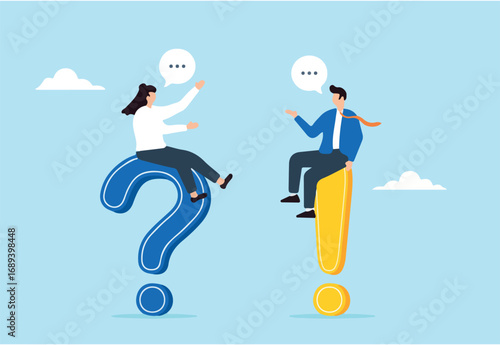 Businessman and businesswoman sit on question and answer mark, illustrating qa session. Concept of faq, and discussions to find solutions, brainstorm ideas, conversation, or quiz