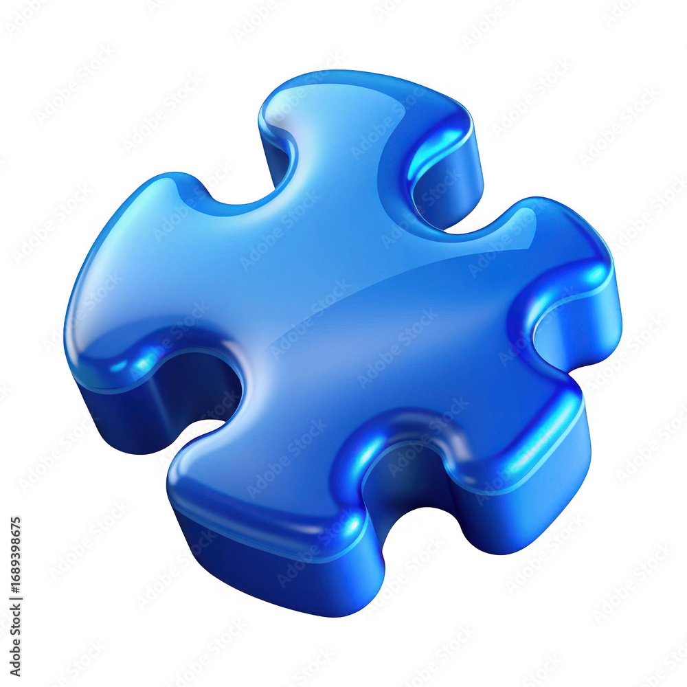 Obraz premium Shiny blue glossy puzzle piece with smooth curves isolated on transparent background