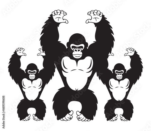 Strong Gorilla Silhouette Vector Set, Powerful Ape Poses, Wildlife Primate Clipart for Jungle, Zoo and Mascot Design