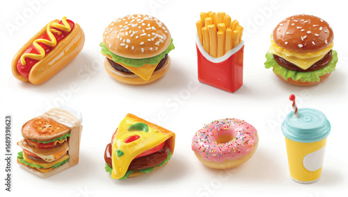 Assorted fast food icons including burger hotdog pizza donut fries and drink on white background