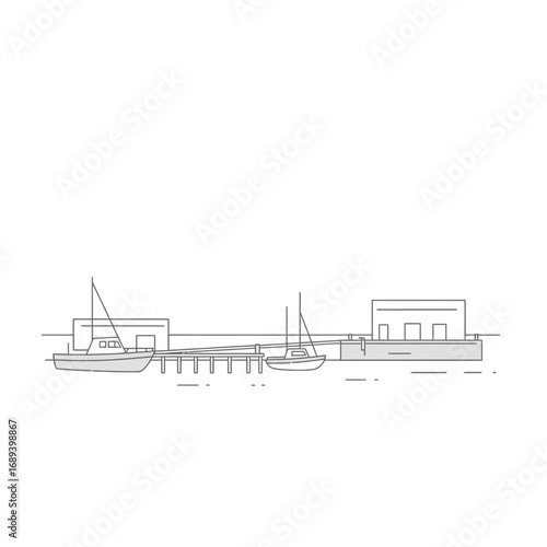 Minimalist Line Drawing of a Harbor with Boats and a Building
