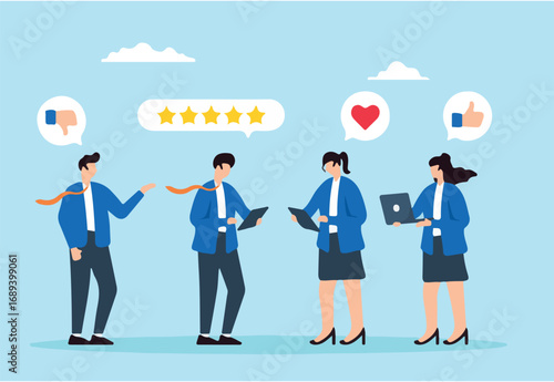 Flat illustration of business people giving feedback and communicating opinions through customer service quality survey