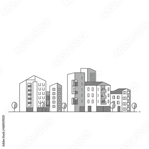 Modern Cityscape Illustration in Grayscale