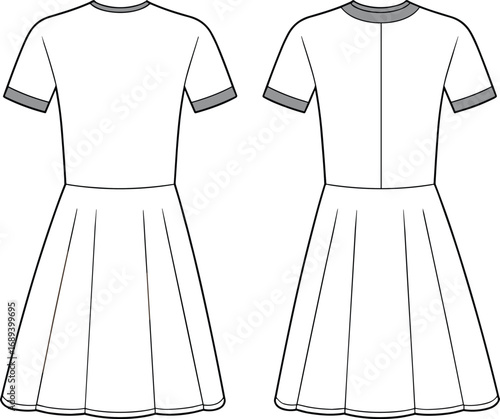 Flat sketch of short sleeve fit and flare dress, contrast rib collar and cuffs, technical drawing front and back view