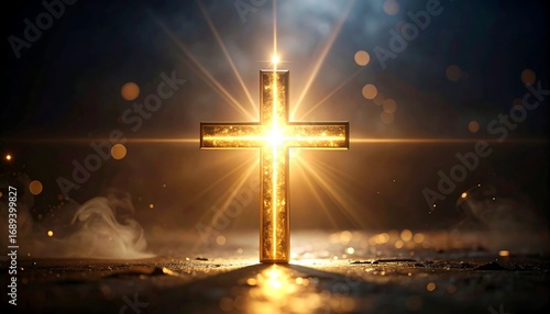 Glimmering gold cross, radiating light, stands against a hazy backdrop. The cross rests on a subtly textured surface, with scattered golden flecks reflecting light