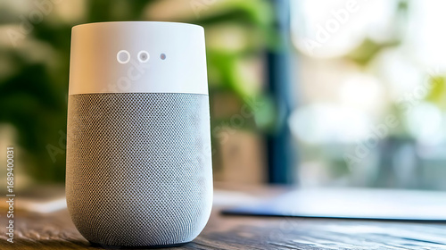 Smart Speaker on Wooden Table with Blurred Background