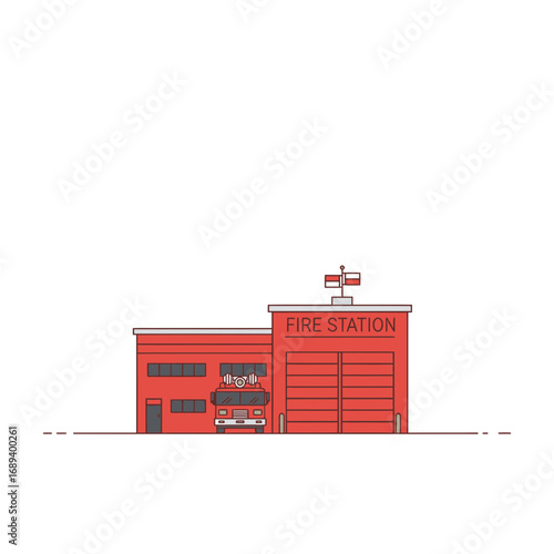Red Fire Station with Truck Illustration