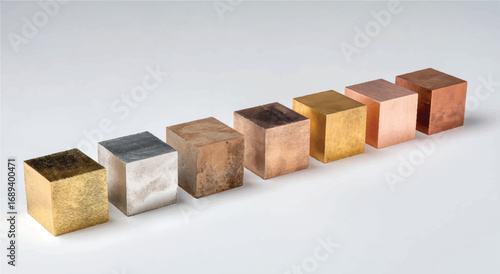 Assortment of metal cubes showcasing the elements gold silver bronze copper aluminum iron and brass arranged precisely on a white background