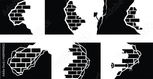 Collection of vector illustrations of broken brick walls.