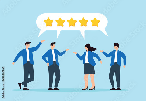 Flat illustration of various customers give reviews with bubble rating five stars illustrating customer loyalty and satisfaction with quality service