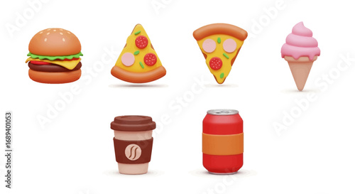 A delicious set of 3D fast food and drink icons. This graphic collection features a hamburger, pizza, coffee, soda, and ice cream in a glossy, rendered style for modern design projects