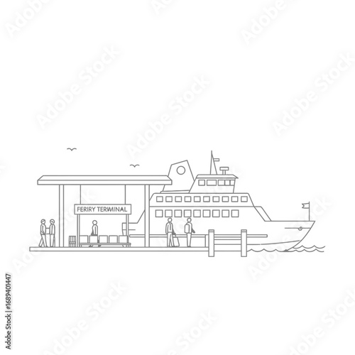 Simple Line Drawing of Ferry Terminal and Vessel