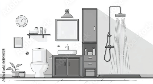 Bathroom Interior Design in Black and White Featuring Shower Toilet Sink and Cabinetry Modern Minimalist Aesthetic