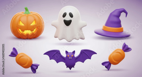 Cute 3D Halloween Icon Set — Spooky Ghost, Jack-o’-Lantern Pumpkin, Witch Hat, Bat, and Candy Illustration