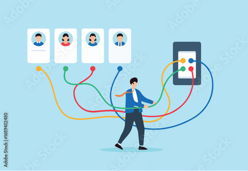 Flat illustration of human resource manager connecting colored wires from candidate profiles to job slot in recruitment panel to match skills and hiring needs