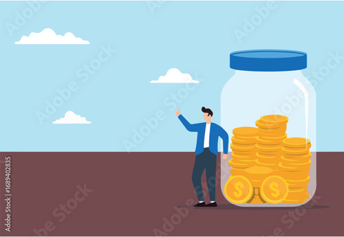 Flat illustration of person standing thumbs up by jar filled coins investments accumulation and savings