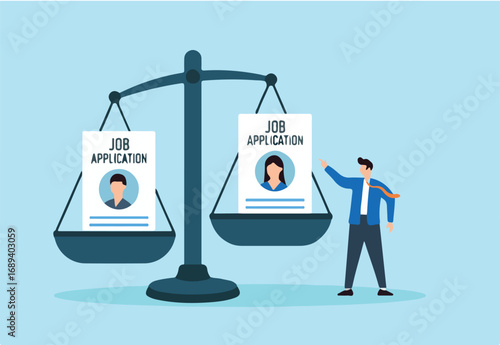 Flat illustration of human resource manager comparing job applications on balance scale to evaluate top candidate for HR recruitment and vacancy selection process