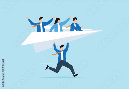 Businessman manager supporting launch paper plane origami with team colleagues