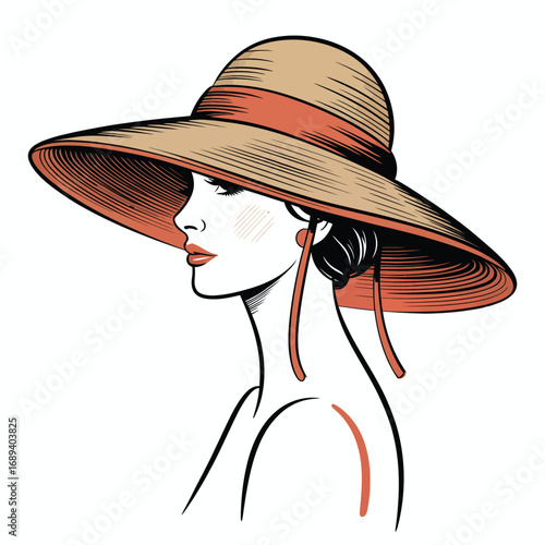 Stylish Woman in Coral Shirt and Wide Brimmed Sun Hat – Vector Profile Portrait for Fashion, Summer Style, and Outdoor Design