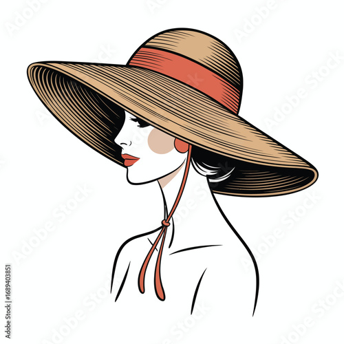 Vector Illustration of Woman Profile Wearing Wide Brimmed Sun Hat and Coral Shirt – Stylish Summer Fashion and Casual Outdoor Look