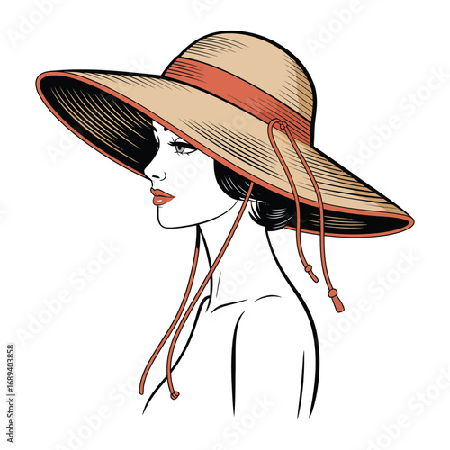 Vector Illustration of Woman Profile Wearing Wide Brimmed Sun Hat and Coral Shirt – Stylish Summer Fashion and Casual Outdoor Look