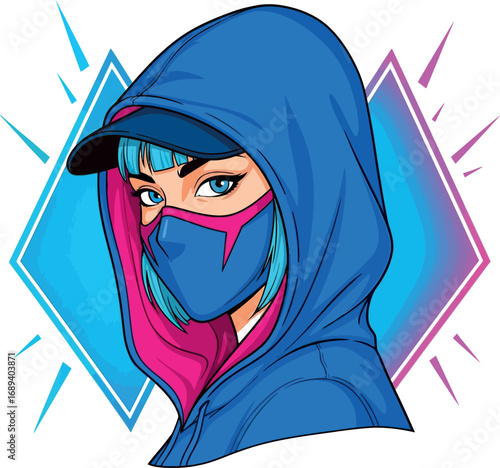 Vibrant and cool vector art illustration of a young woman in a hoodie, face mask, and baseball cap. Modern urban street style graphic design with bright neon colors.